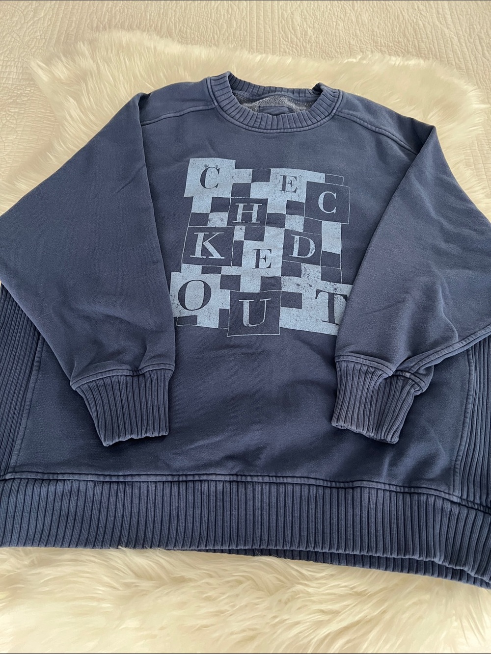 aerie Navy Checked Graphic Crewneck Sweatshirt